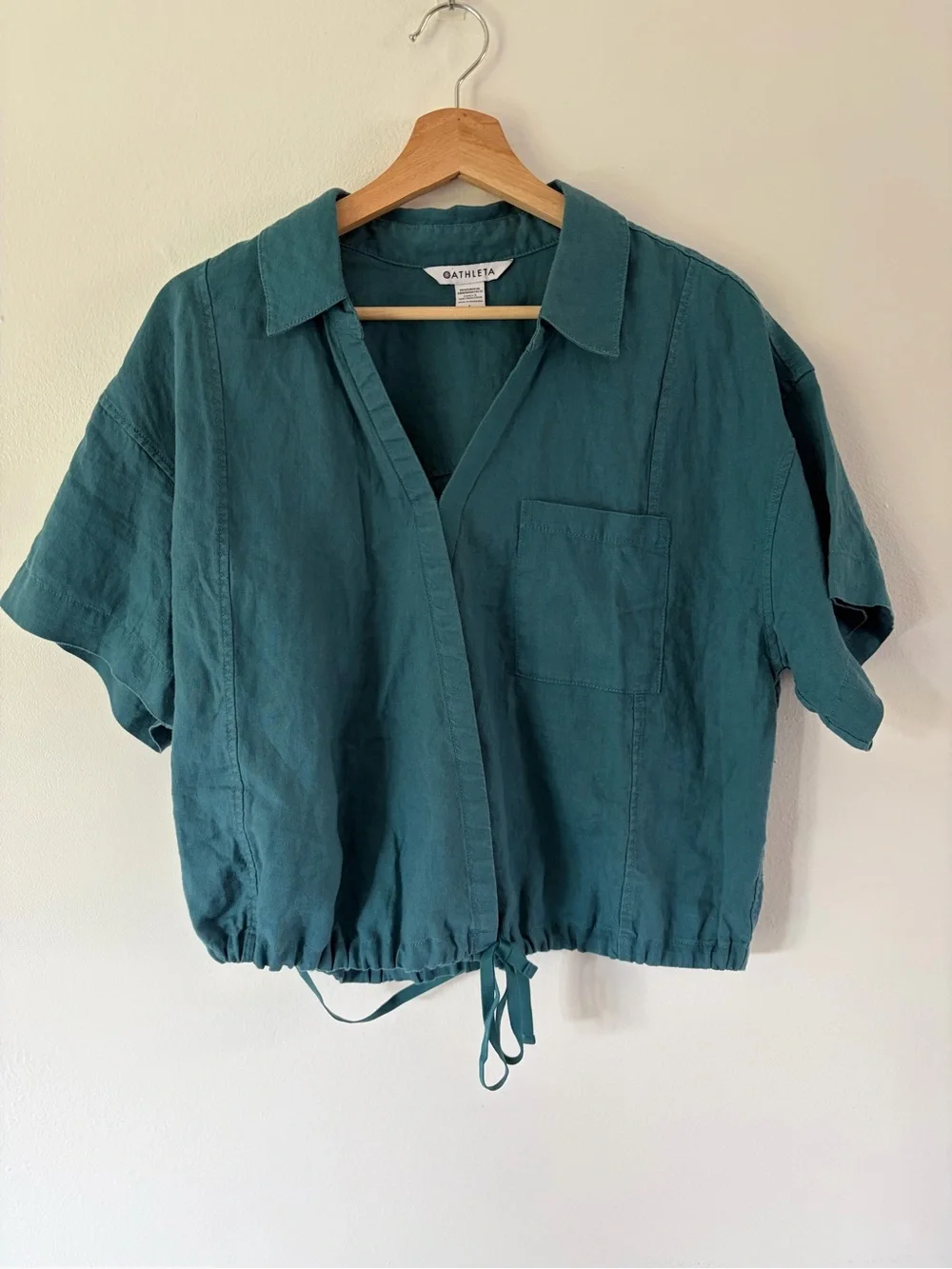 Athleta Playa Linen Tie True Wrap Short Sleeve Top In Borealis Green Size Large - Picture 2 of 14